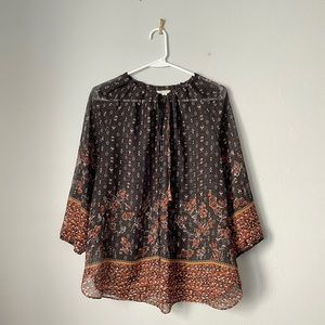 CATO Women's Sheer Floral Button Down Blouse with 3/4 Sleeves L